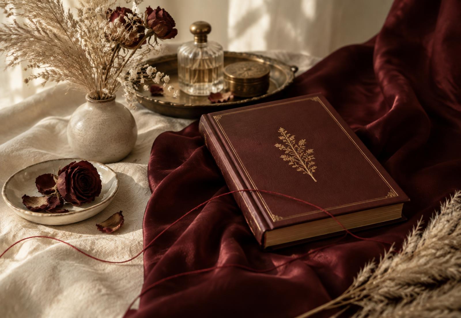 Бордовая ткань, красная нить, сухоцветы и книга проекта «Нервущаяся нить»